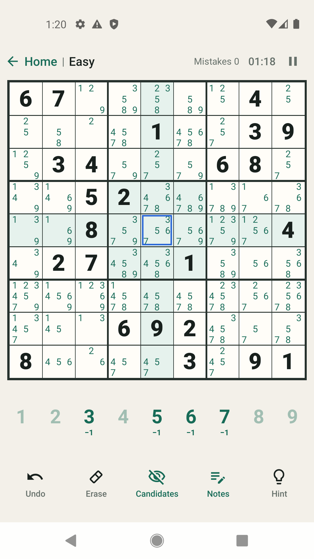 The same Sudoku puzzle with automatically generated candidate notes displayed in the empty cells.