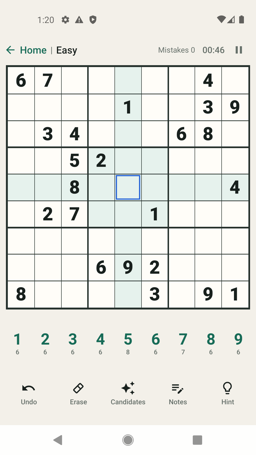 An Easy 9 by 9 Sudoku puzzle in Platon Sudoku, with a number keypad, notes, undo and hint controls.