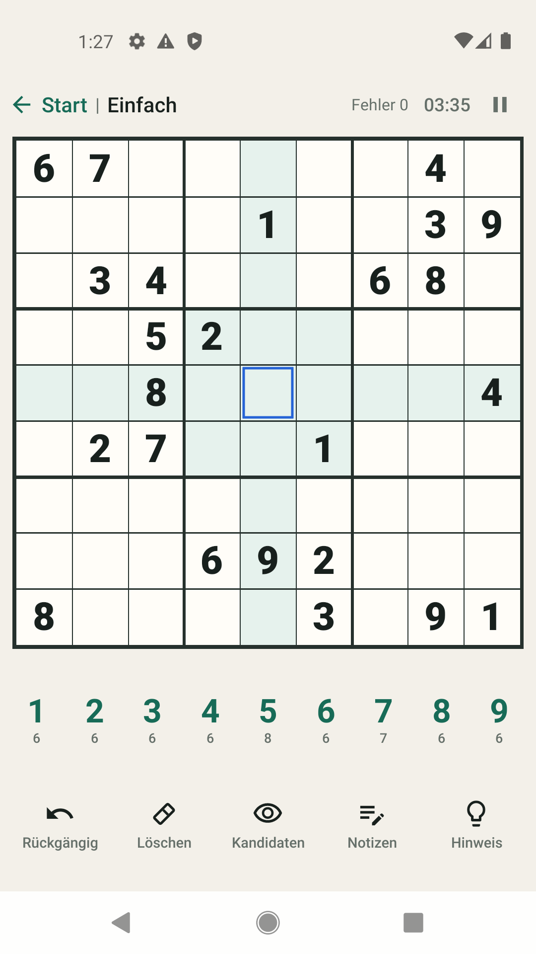 Ein Sudoku-Rätsel in der deutschen Android-App Platon Sudoku mit Zifferntasten, Notizen und Spielwerkzeugen.