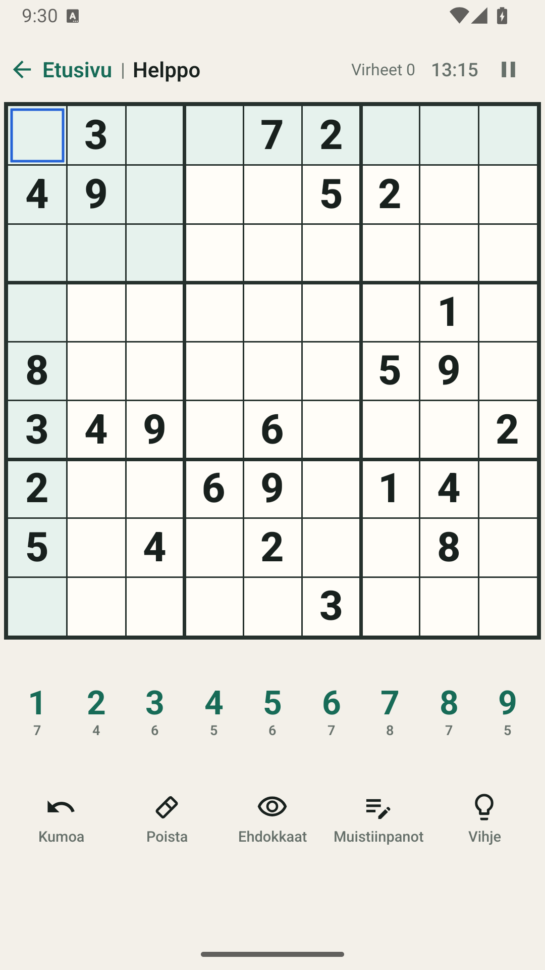 Suomenkielinen Platon Sudoku Androidilla: ruudukko, numeronäppäimistö ja pelityökalut.