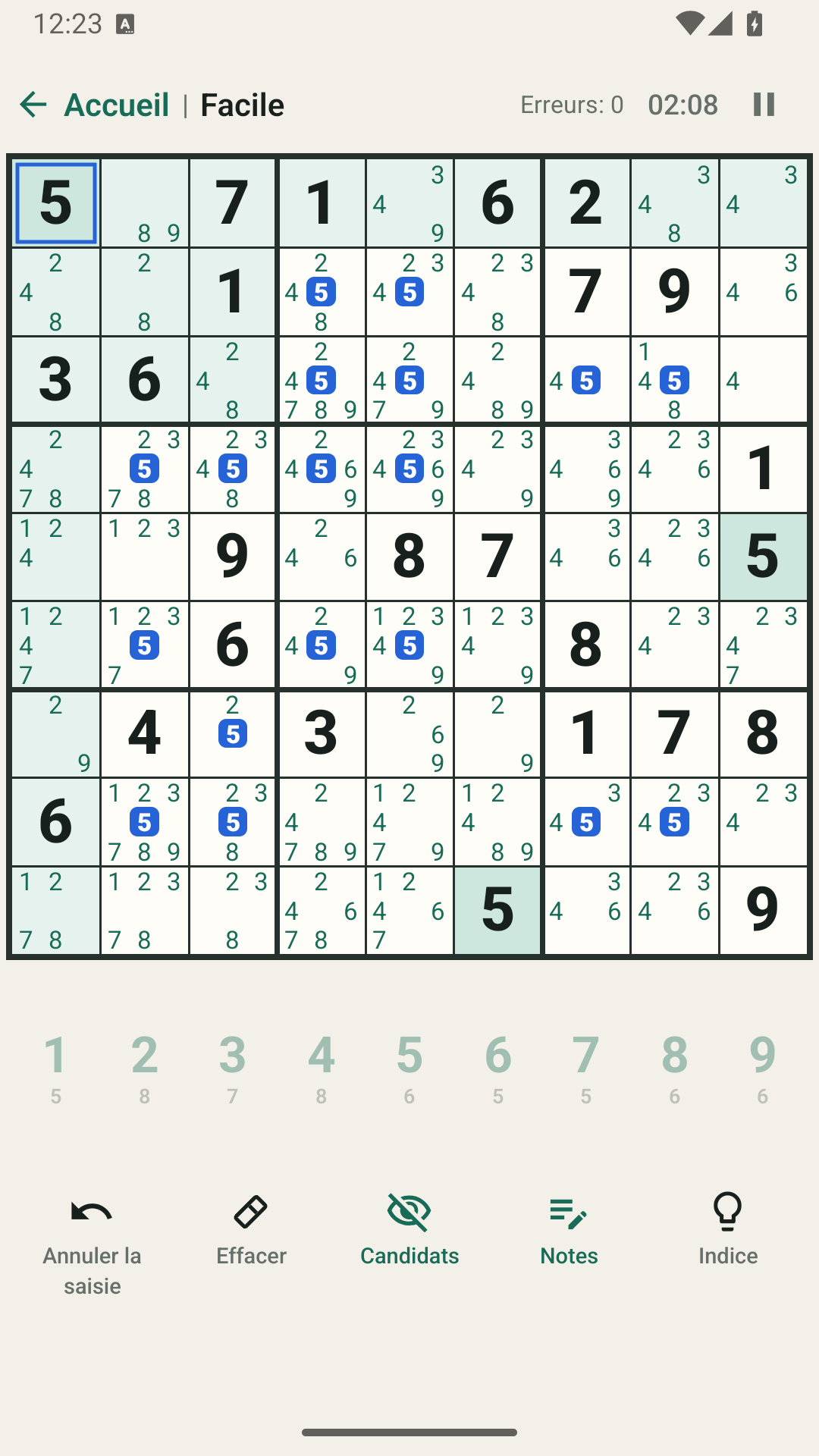 Des notes de candidats remplies automatiquement dans les cases vides d’une grille de sudoku.