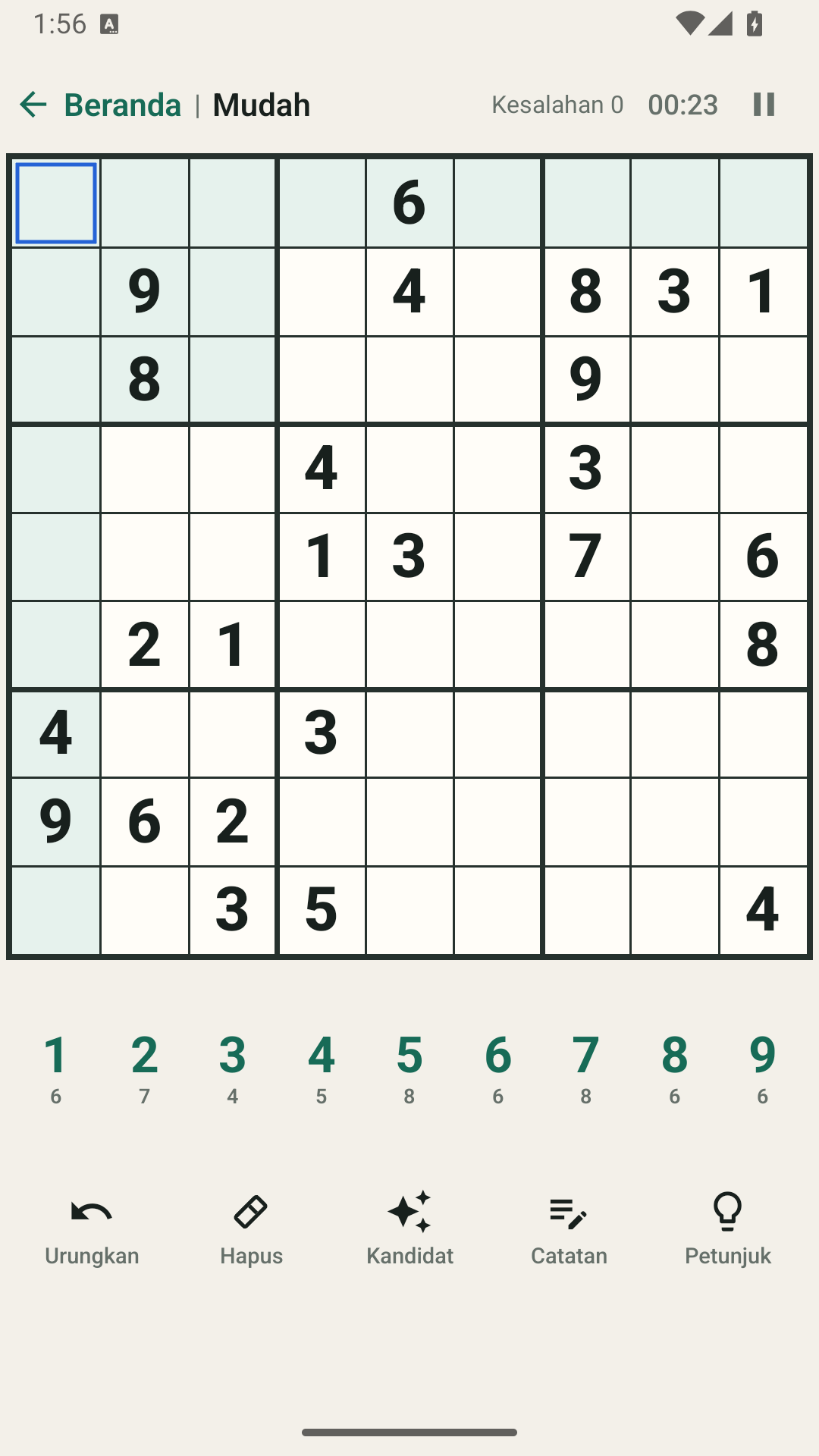 Platon Sudoku berbahasa Indonesia di Android dengan papan, papan angka, dan alat permainan.