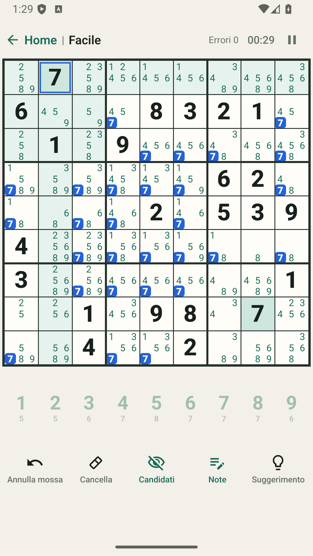 Note dei candidati generate automaticamente nelle caselle vuote del sudoku.