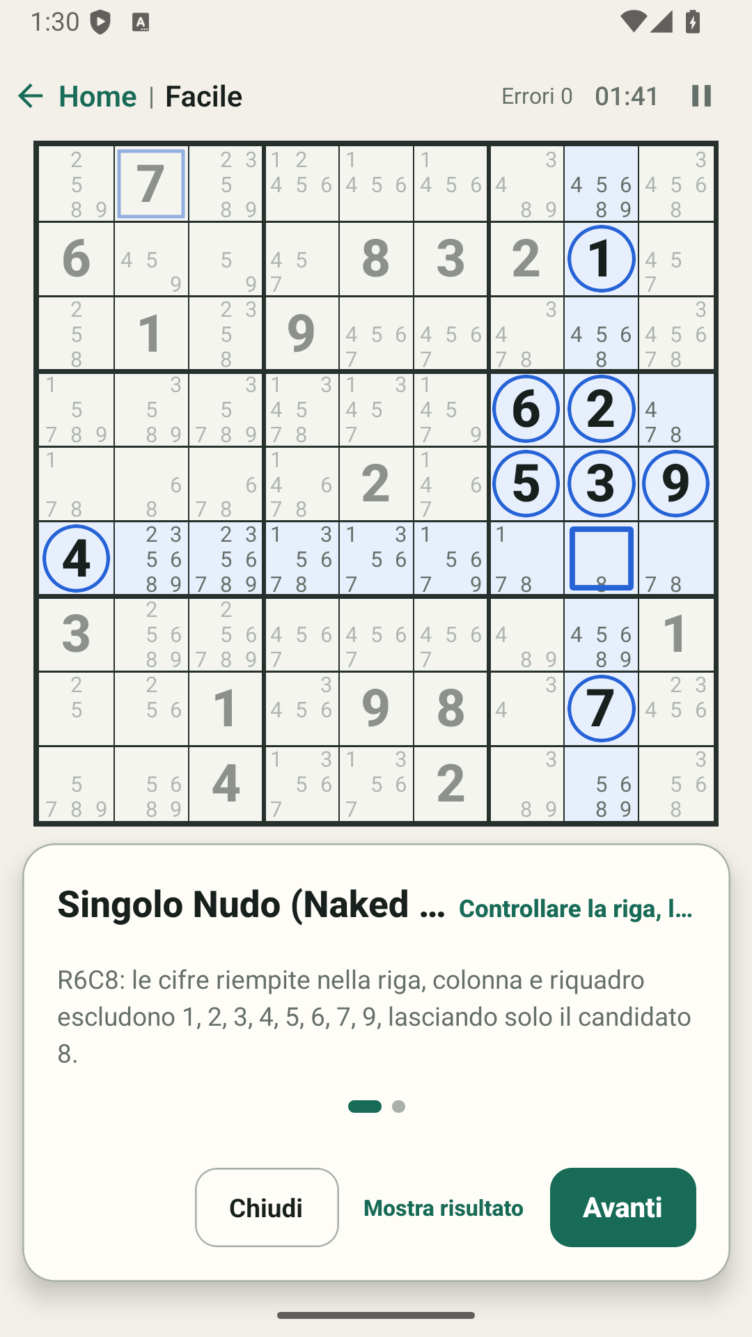 Un suggerimento intelligente spiega il ragionamento logico passo dopo passo in italiano.