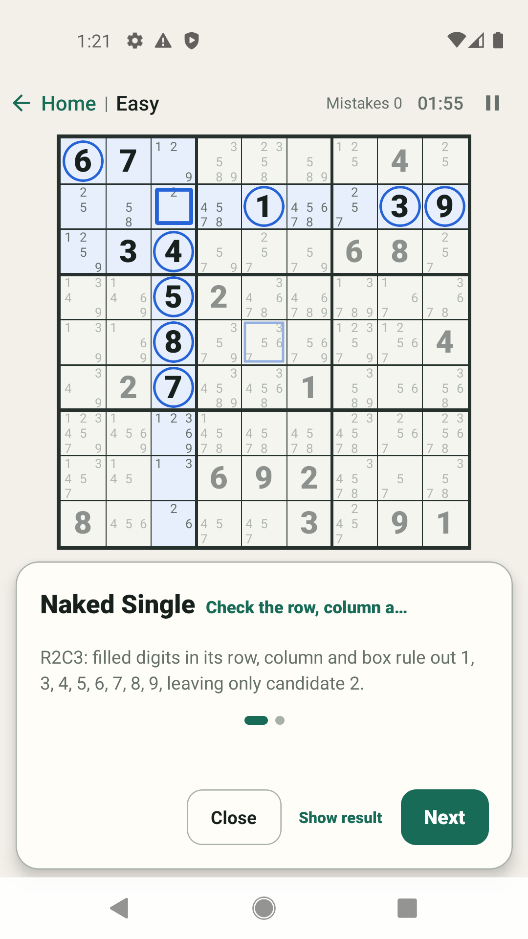 A Smart Hint explaining a Naked Single through observation, reasoning and conclusion.