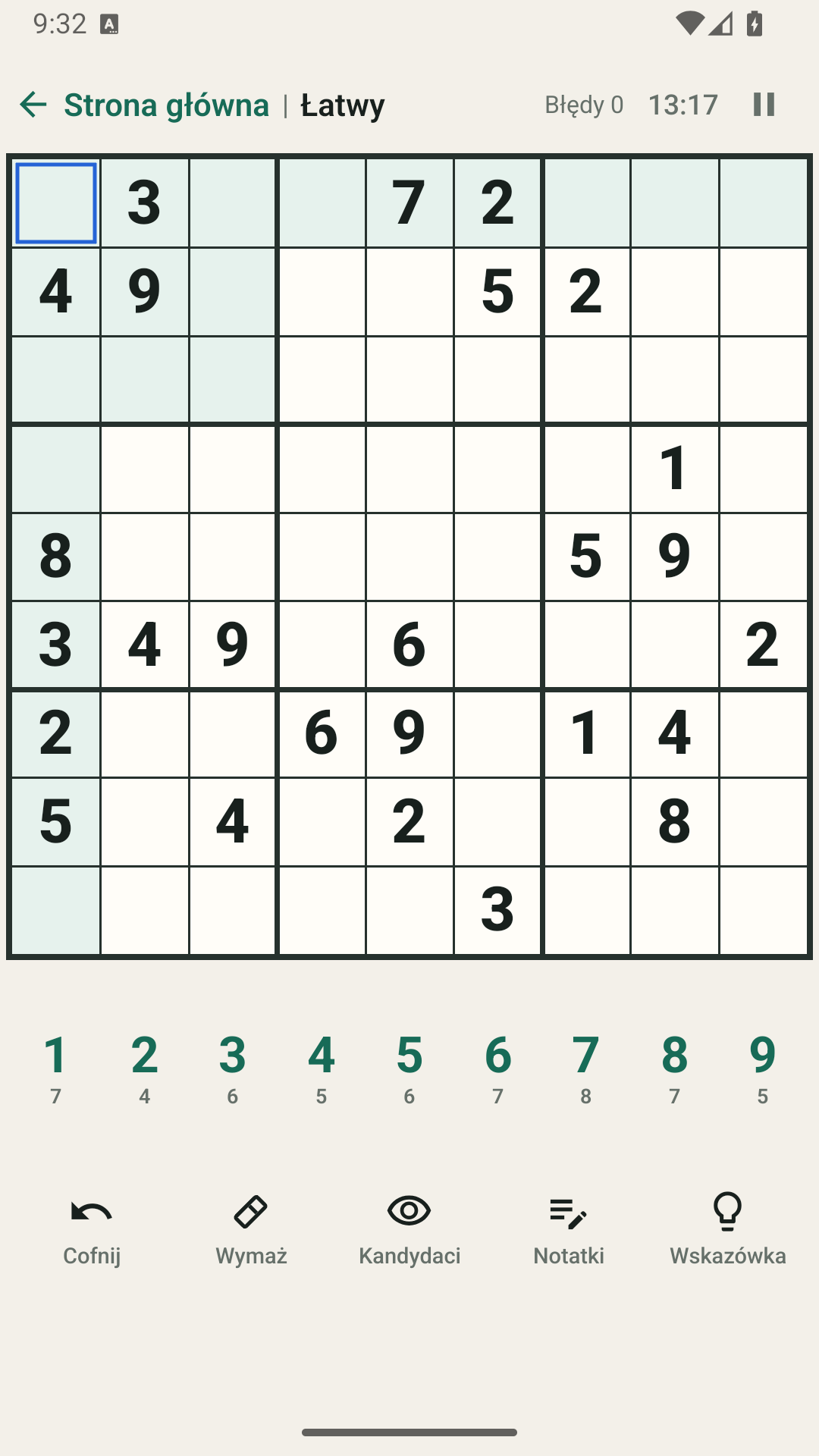 Polskie Platon Sudoku na Androidzie: plansza, klawiatura numeryczna i narzędzia gry.