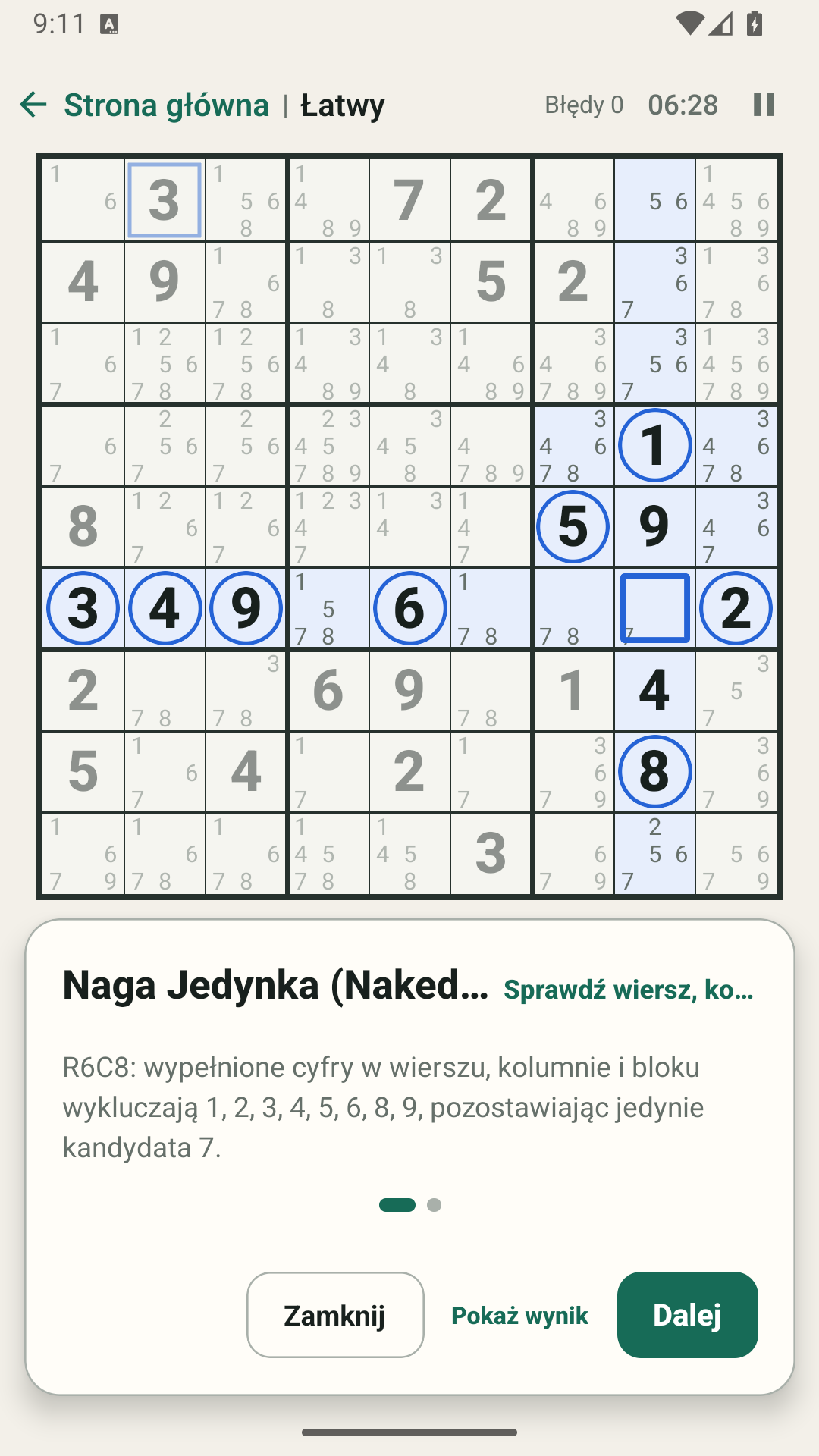 Inteligentna podpowiedź wyjaśnia logiczne rozumowanie krok po kroku po polsku.
